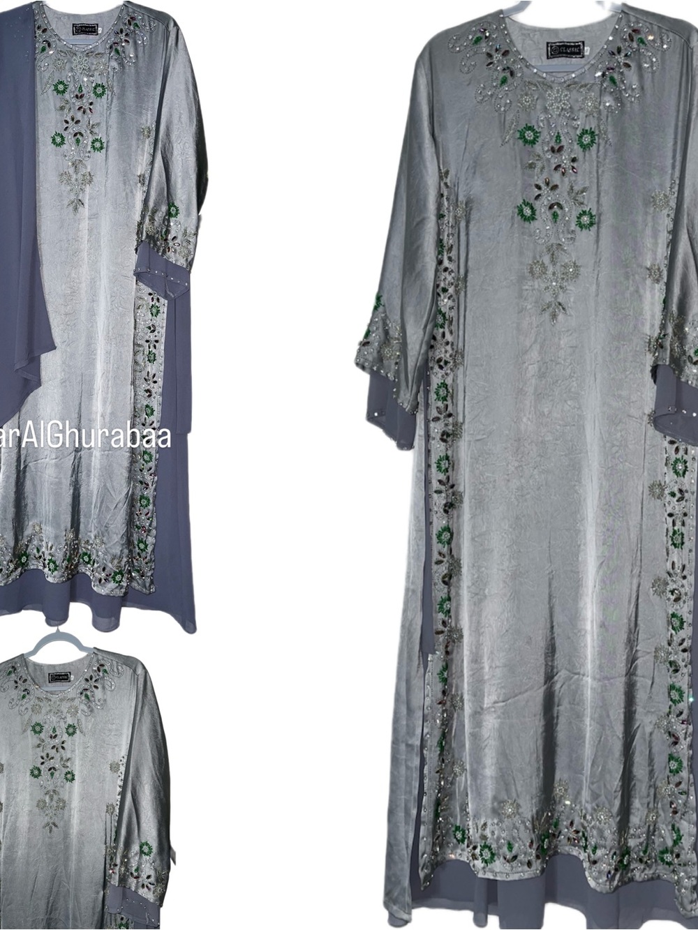 Embroidered Long Abaya Dress in Light Gray with Green Accents